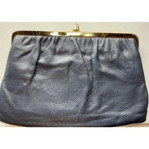 Vintage Charcoal Black Clutch Handbag with Gold Tone Hard Wear and Chain